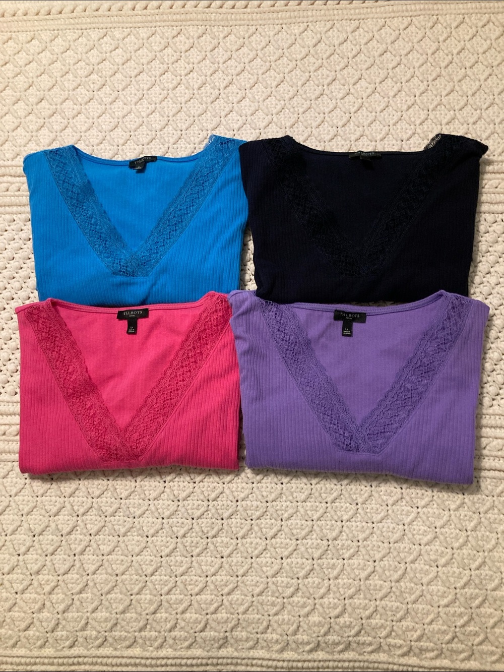 Talbots V-Neck Lace-Trim Sweaters in Blue, Black, Pink, Purple